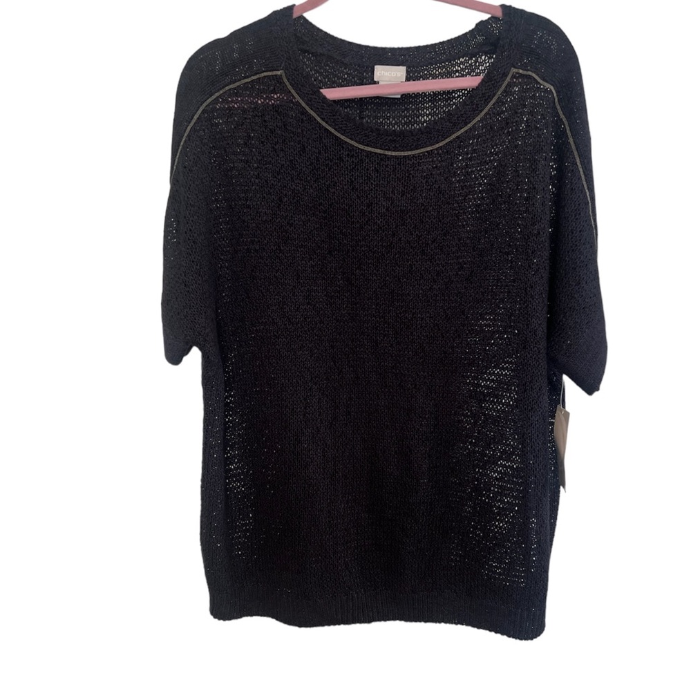 NWT Chico's Women's Lux Mesh Pullover Navy KnitShort Sleeve Top (Size XL)